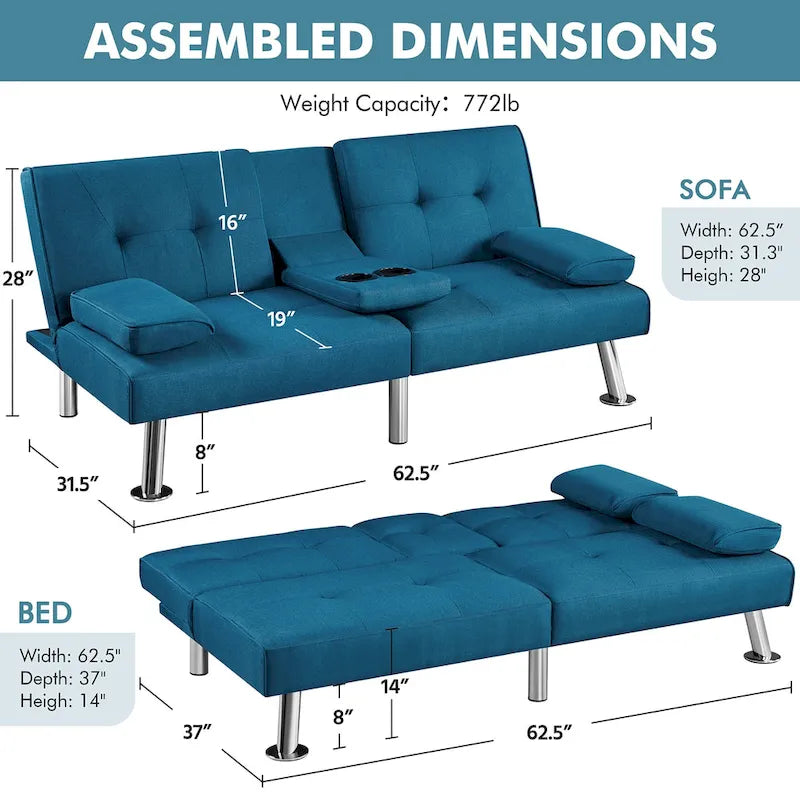 Canapé-lit futon convertible en tissu – Canapé-lit pliant pour salon