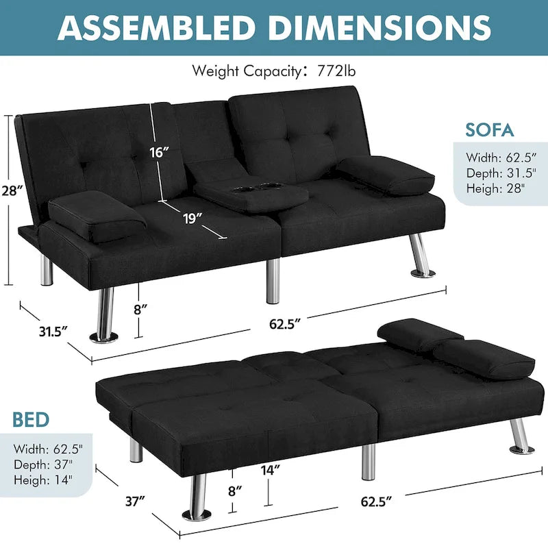 Canapé-lit futon convertible en tissu – Canapé-lit pliant pour salon