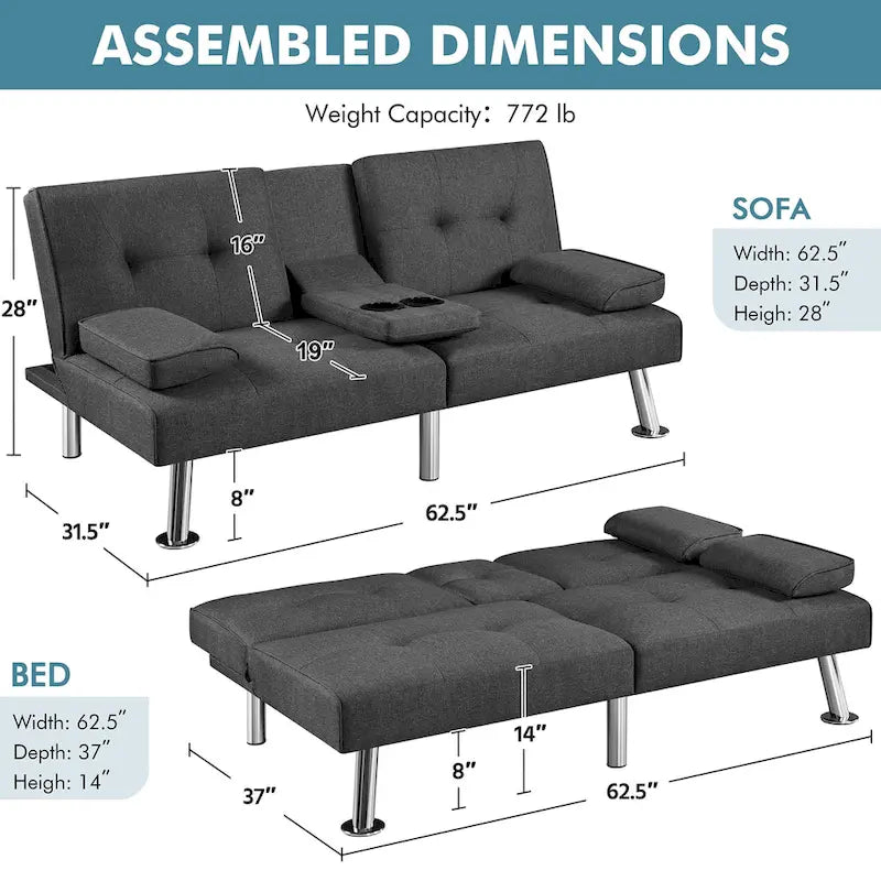 Canapé-lit futon convertible en tissu – Canapé-lit pliant pour salon