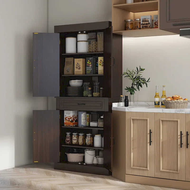 Garde-manger de cuisine autoportant 71 avec 4 portes et 2 grands placards, meuble de rangement haut avec grand tiroir pour salle à manger