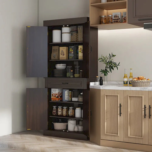 Garde-manger de cuisine autoportant 71 avec 4 portes et 2 grands placards, meuble de rangement haut avec grand tiroir pour salle à manger