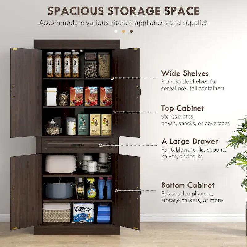 Garde-manger de cuisine autoportant 71 avec 4 portes et 2 grands placards, meuble de rangement haut avec grand tiroir pour salle à manger