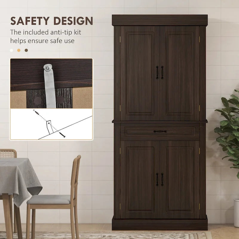 Garde-manger de cuisine autoportant 71 avec 4 portes et 2 grands placards, meuble de rangement haut avec grand tiroir pour salle à manger