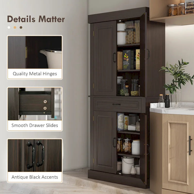 Garde-manger de cuisine autoportant 71 avec 4 portes et 2 grands placards, meuble de rangement haut avec grand tiroir pour salle à manger
