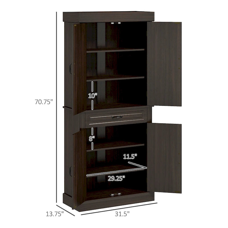 Garde-manger de cuisine autoportant 71 avec 4 portes et 2 grands placards, meuble de rangement haut avec grand tiroir pour salle à manger