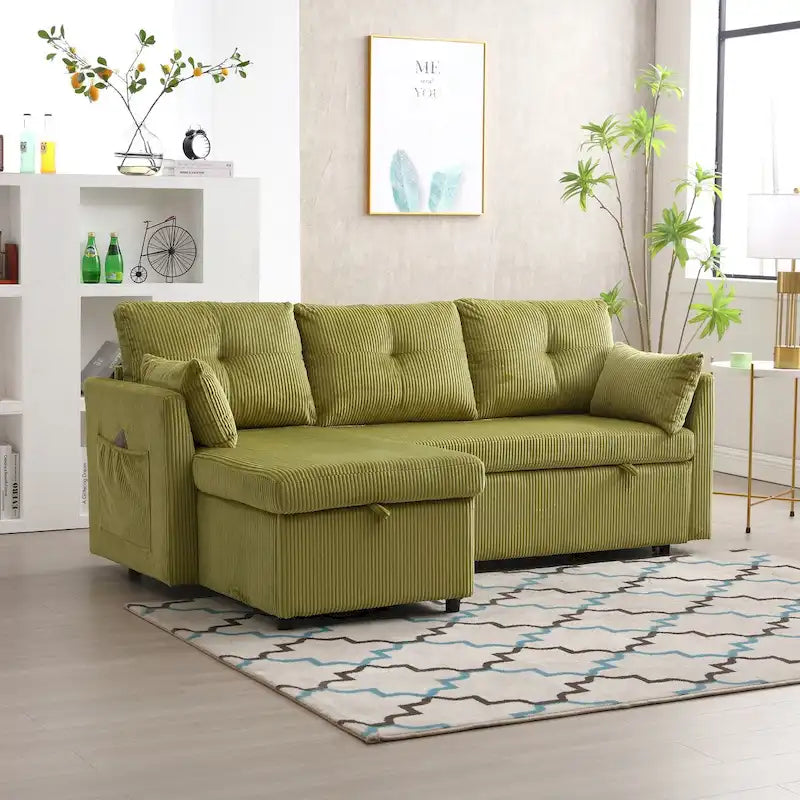 Canapé d'angle modulaire en velours côtelé avec méridienne de rangement, Vert olive