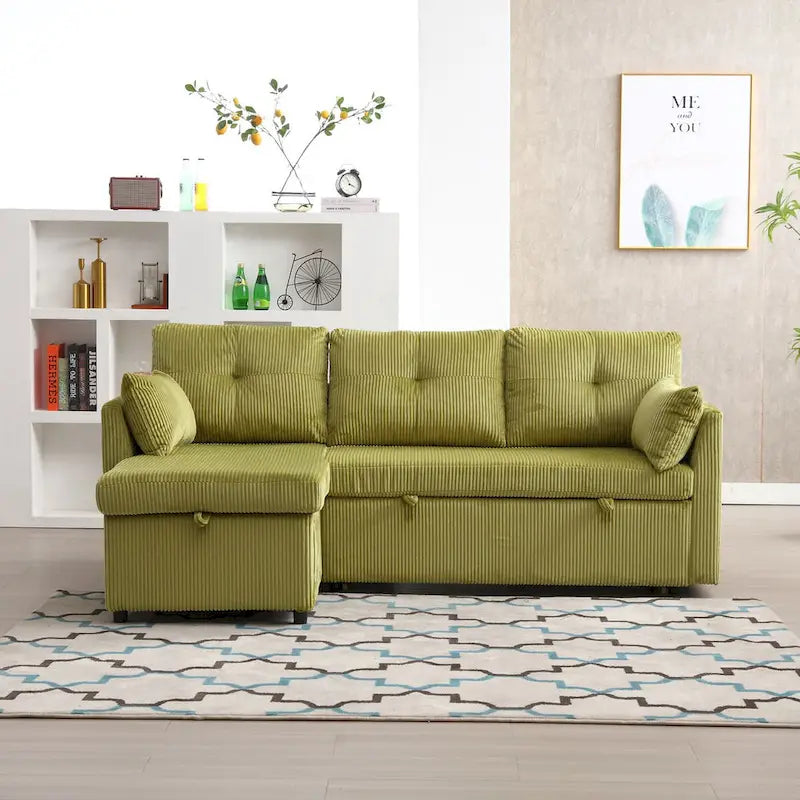 Canapé d'angle modulaire en velours côtelé avec méridienne de rangement, Vert olive