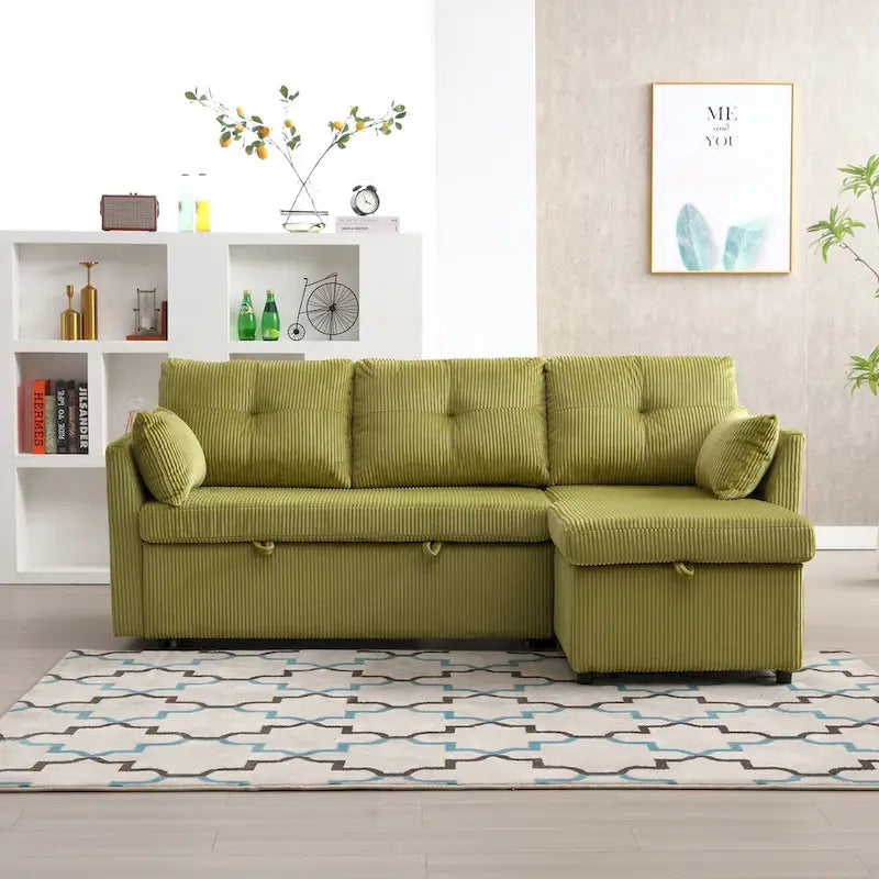 Canapé d'angle modulaire en velours côtelé avec méridienne de rangement, Vert olive