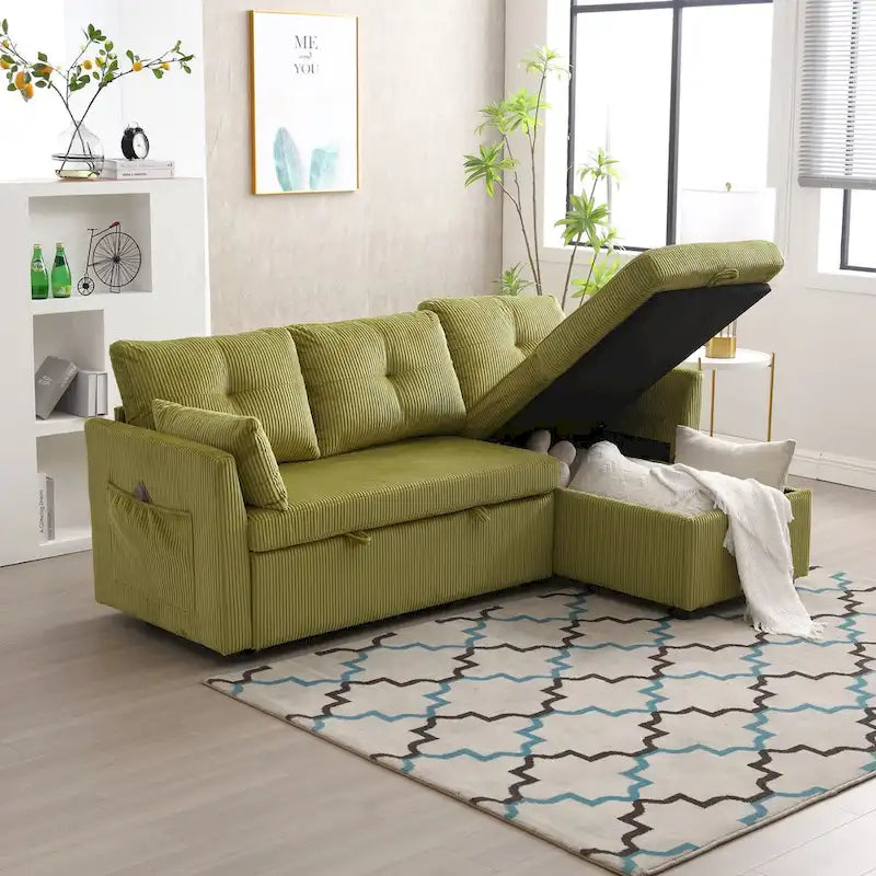 Canapé d'angle modulaire en velours côtelé avec méridienne de rangement, Vert olive