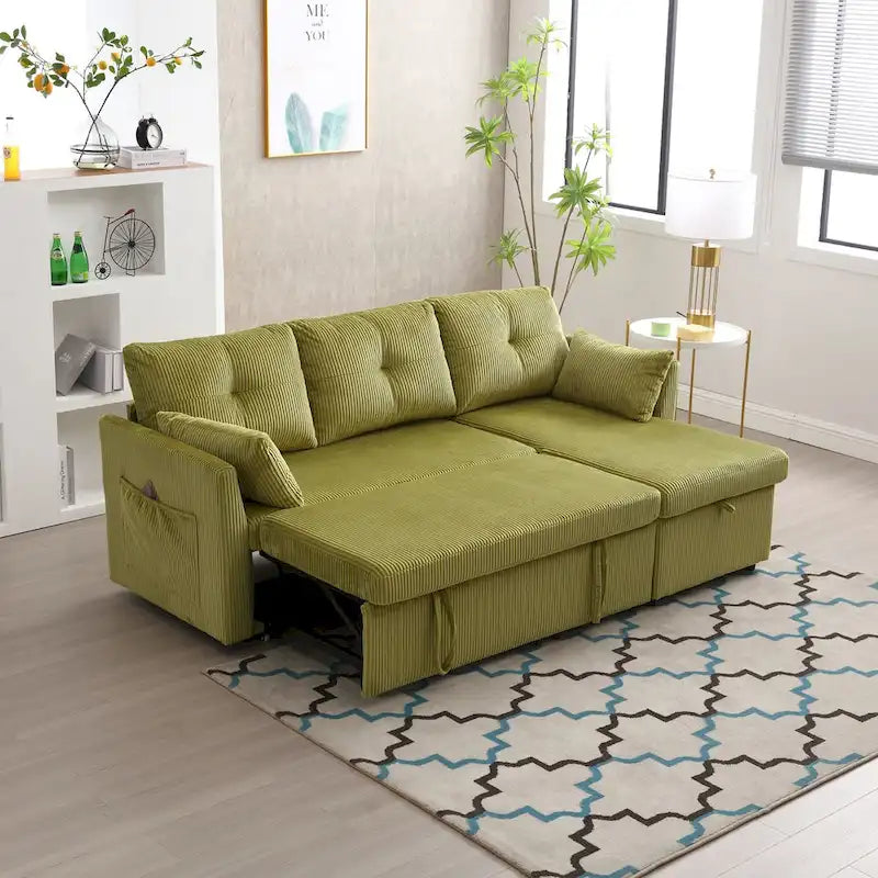 Canapé d'angle modulaire en velours côtelé avec méridienne de rangement, Vert olive