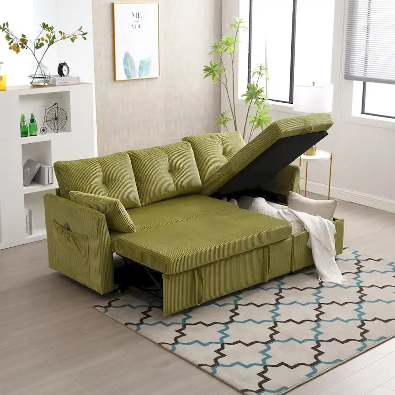 Canapé d'angle modulaire en velours côtelé avec méridienne de rangement, Vert olive