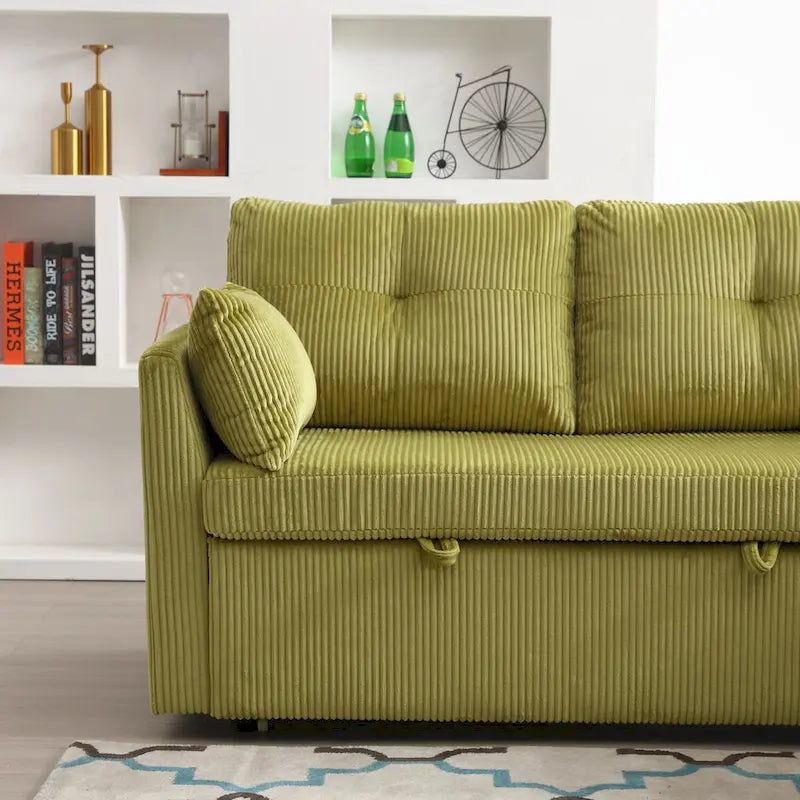 Canapé d'angle modulaire en velours côtelé avec méridienne de rangement, Vert olive