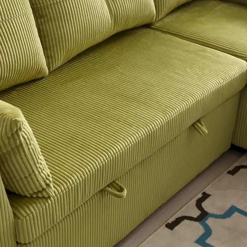 Canapé d'angle modulaire en velours côtelé avec méridienne de rangement, Vert olive