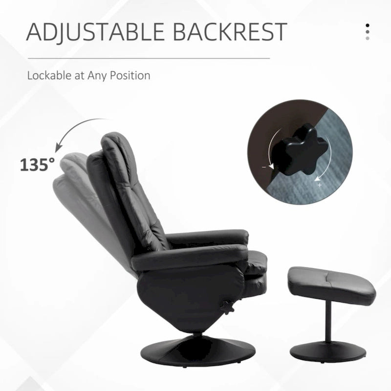 Fauteuil inclinable et ottoman avec base enveloppée, fauteuil inclinable pivotant en cuir PU avec repose-pieds, noir