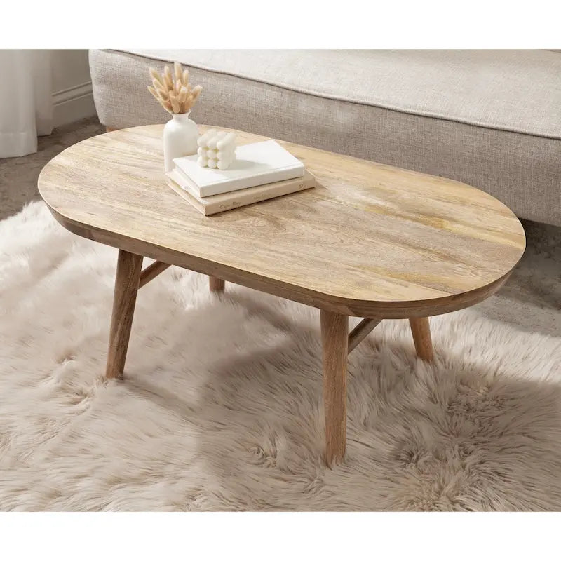 Table basse ovale en bois de manguier massif de style Mid-Century | Pieds fuselés | 38"x20"x16.5" | Brun naturel