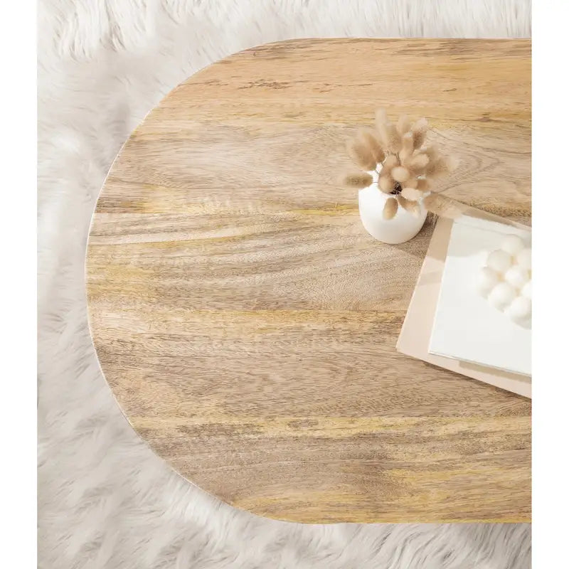 Table basse ovale en bois de manguier massif de style Mid-Century | Pieds fuselés | 38"x20"x16.5" | Brun naturel
