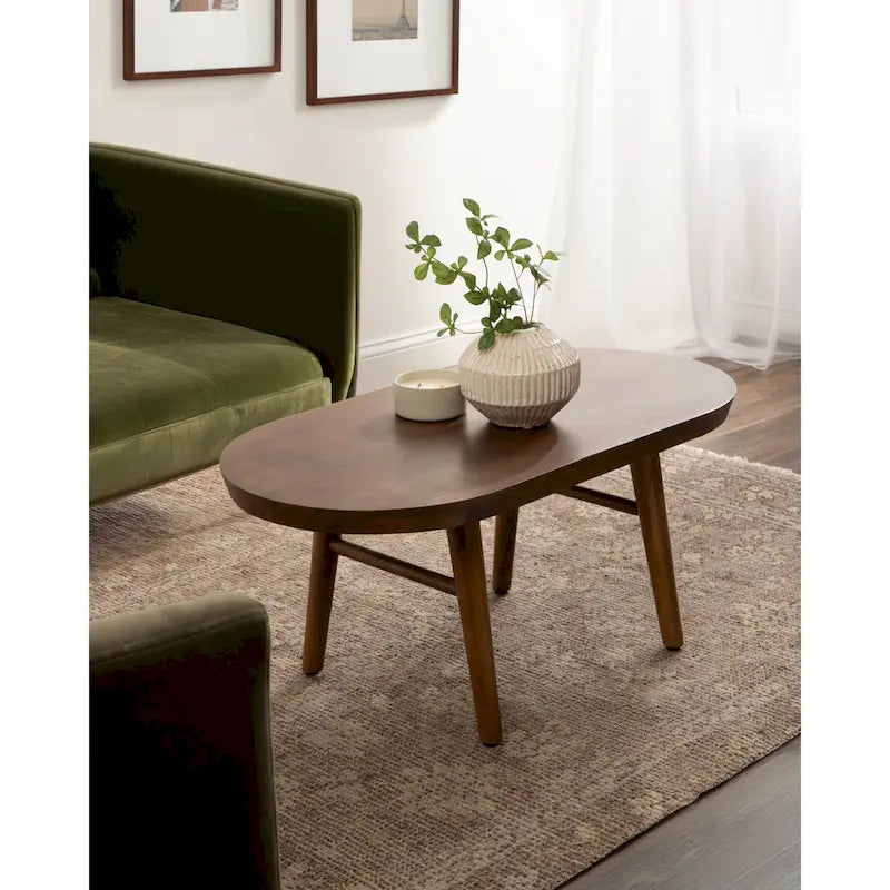 Table basse ovale en bois de manguier massif de style Mid-Century | Pieds fuselés | 38"x20"x16.5" | Brun naturel