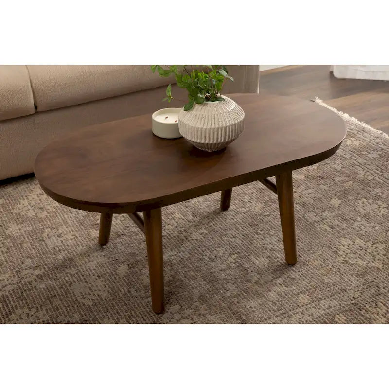 Table basse ovale en bois de manguier massif de style Mid-Century | Pieds fuselés | 38"x20"x16.5" | Brun naturel