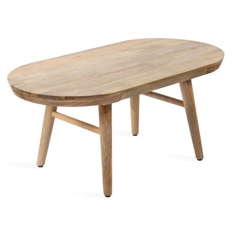 Table basse ovale en bois de manguier massif de style Mid-Century | Pieds fuselés | 38"x20"x16.5" | Brun naturel