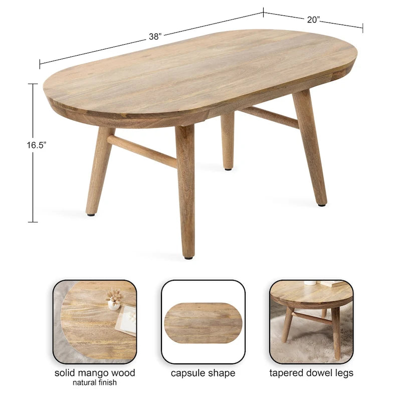 Table basse ovale en bois de manguier massif de style Mid-Century | Pieds fuselés | 38"x20"x16.5" | Brun naturel