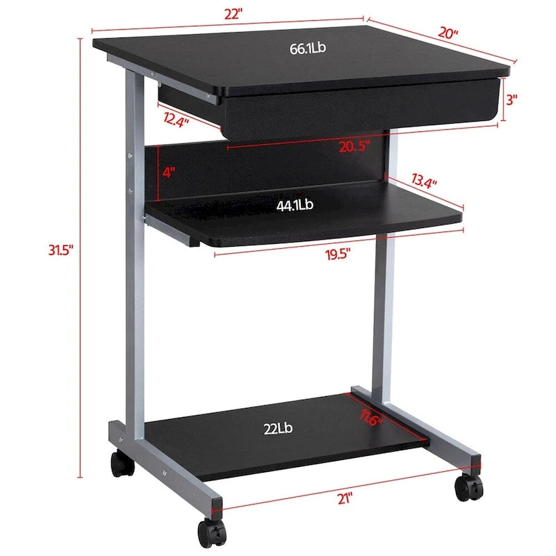 Bureau informatique roulant avec tiroir et étagère – Table de plateau mobile pour le bureau à domicile