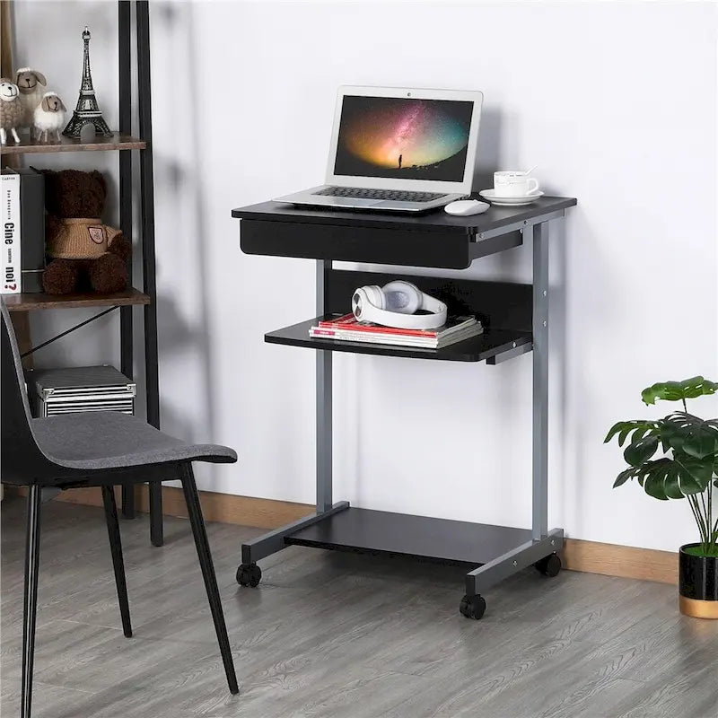 Bureau informatique roulant avec tiroir et étagère – Table de plateau mobile pour le bureau à domicile