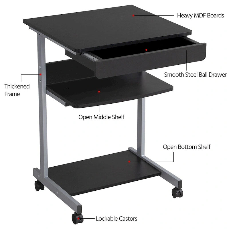 Bureau informatique roulant avec tiroir et étagère – Table de plateau mobile pour le bureau à domicile