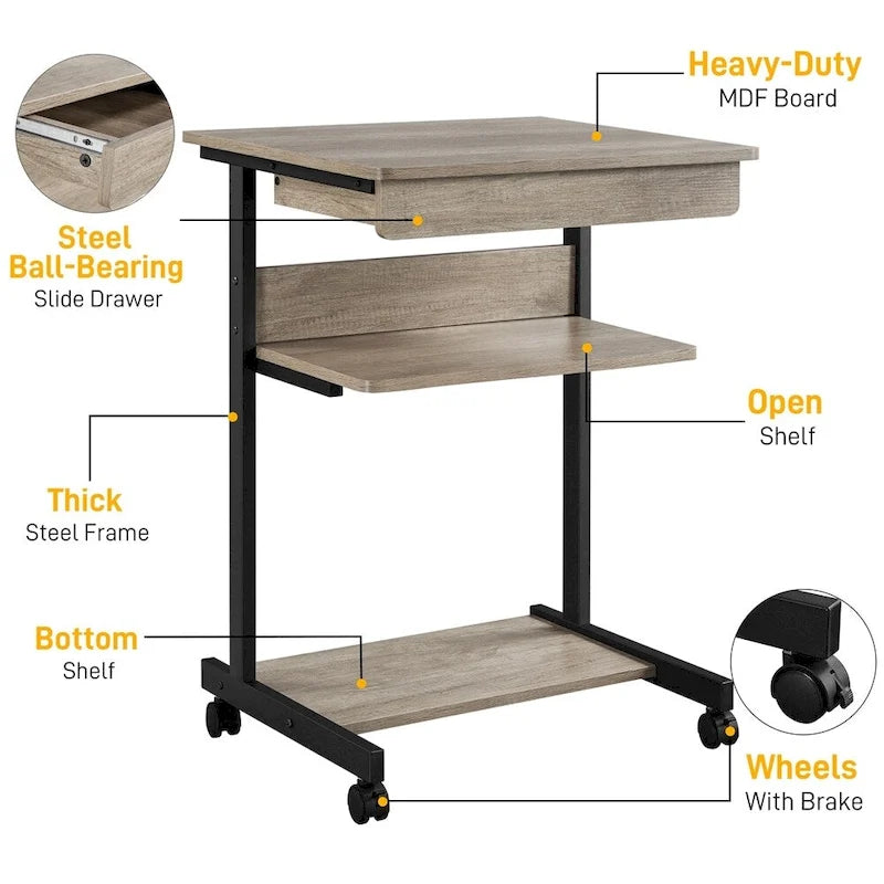Bureau informatique roulant avec tiroir et étagère – Table de plateau mobile pour le bureau à domicile