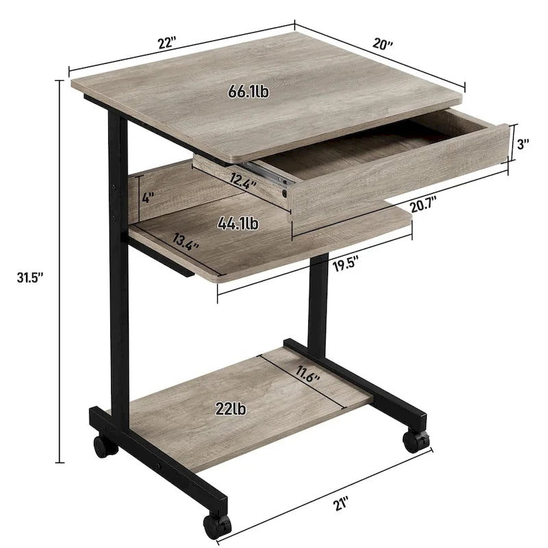 Bureau informatique roulant avec tiroir et étagère – Table de plateau mobile pour le bureau à domicile