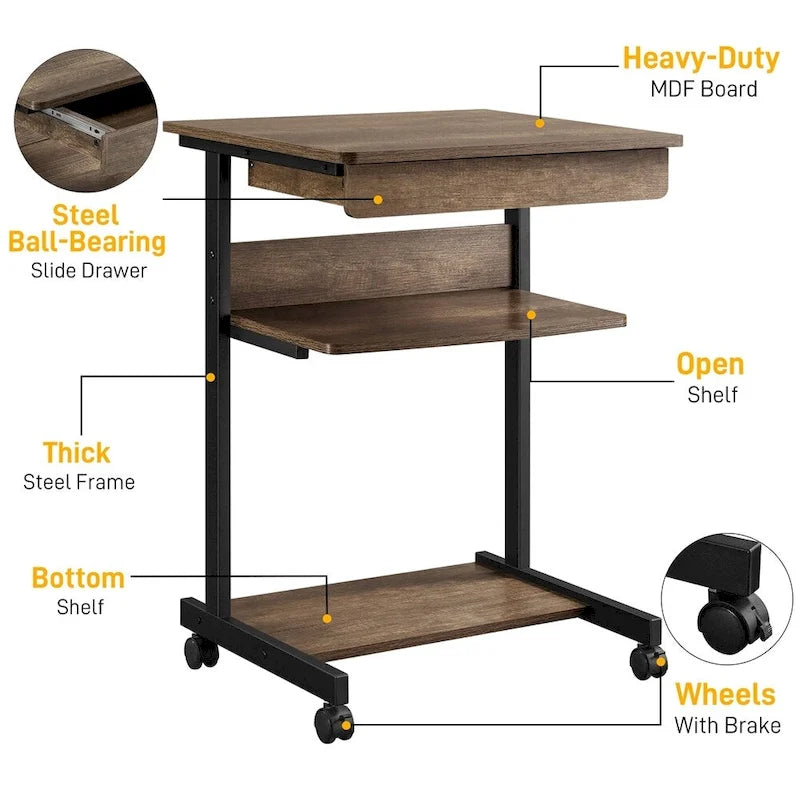 Bureau informatique roulant avec tiroir et étagère – Table de plateau mobile pour le bureau à domicile