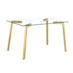 Table à manger en verre, rectangulaire, moderne et minimaliste, pour 4 personnes, avec plateau en verre trempé et pieds en métal pour cuisines et restaurants.