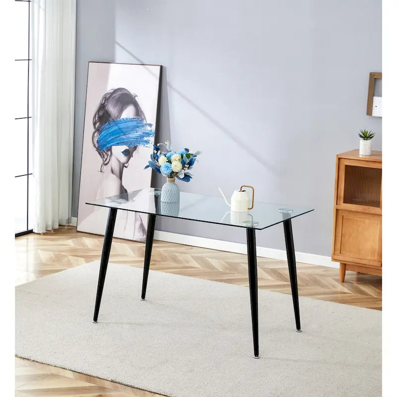 Table à manger en verre, rectangulaire, moderne et minimaliste, pour 4 personnes, avec plateau en verre trempé et pieds en métal pour cuisines et restaurants.