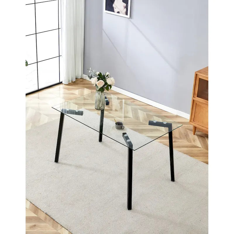Table à manger en verre, rectangulaire, moderne et minimaliste, pour 4 personnes, avec plateau en verre trempé et pieds en métal pour cuisines et restaurants.
